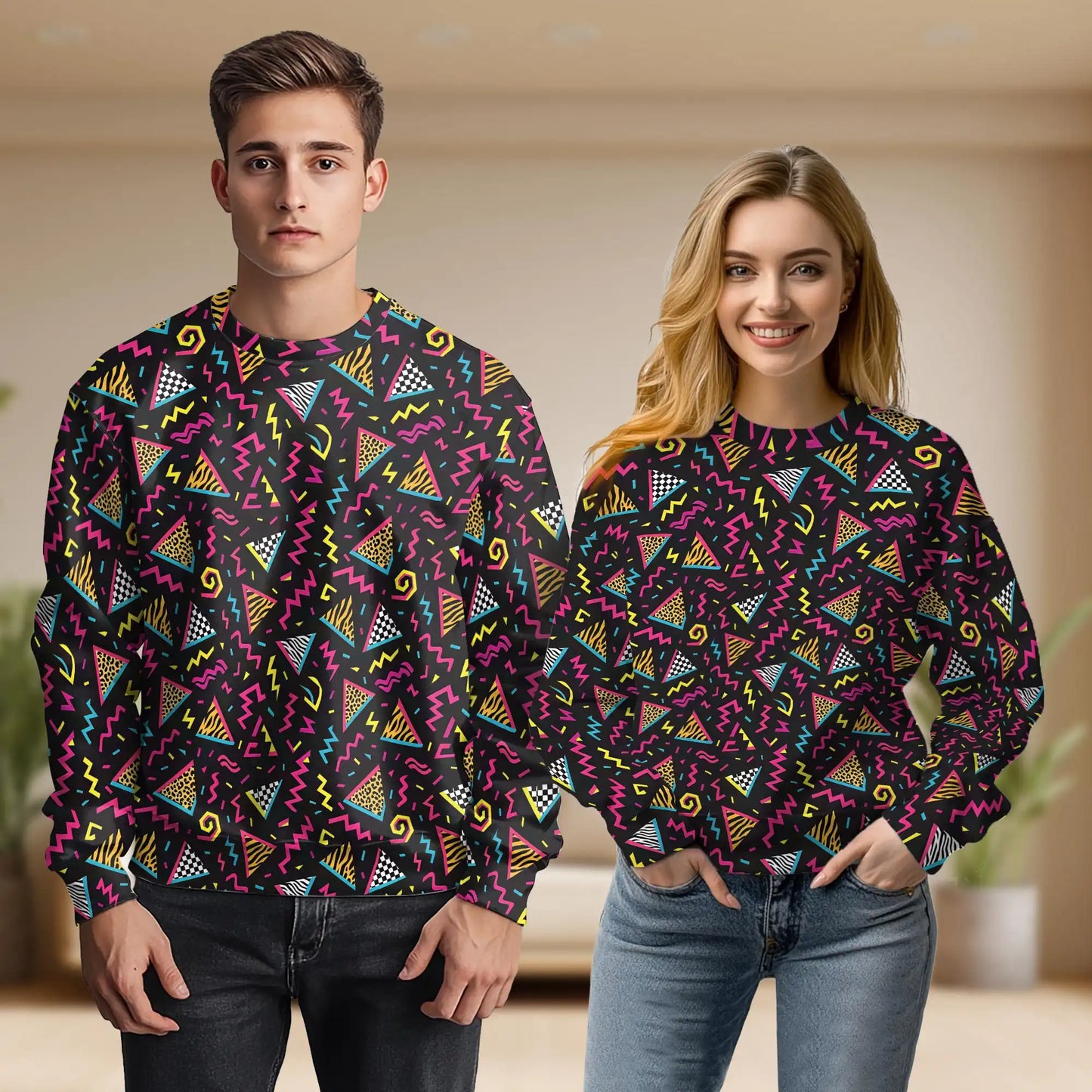 Retro 80s 90s Geometric Pattern Sweatshirt, 3D All Over Print Vintage Abstract Crewneck Pullover for Men Women, Retro Style Gift - Netecom