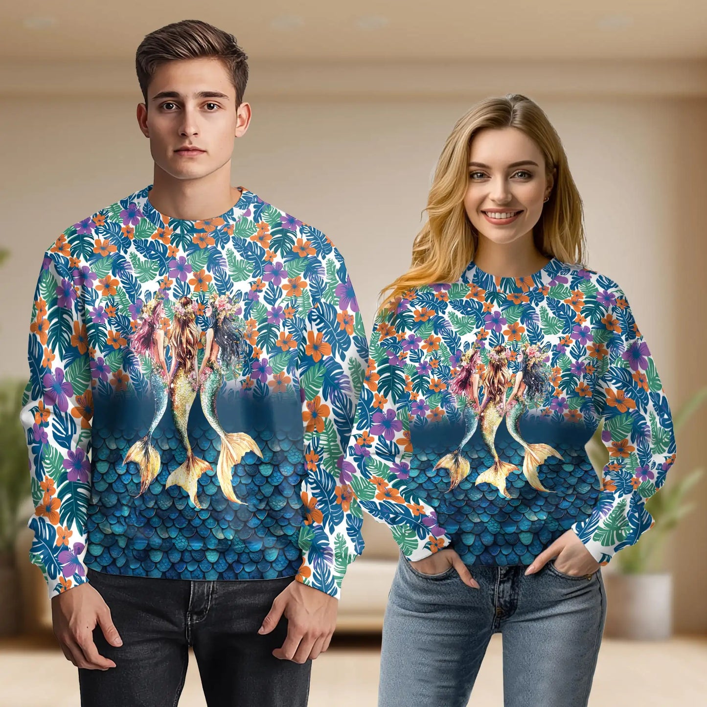 Three Mermaids Sweatshirt, 3D All Over Print Fantasy Ocean Crewneck Pullover for Men Women, Mermaid Lover Gift - Netecom