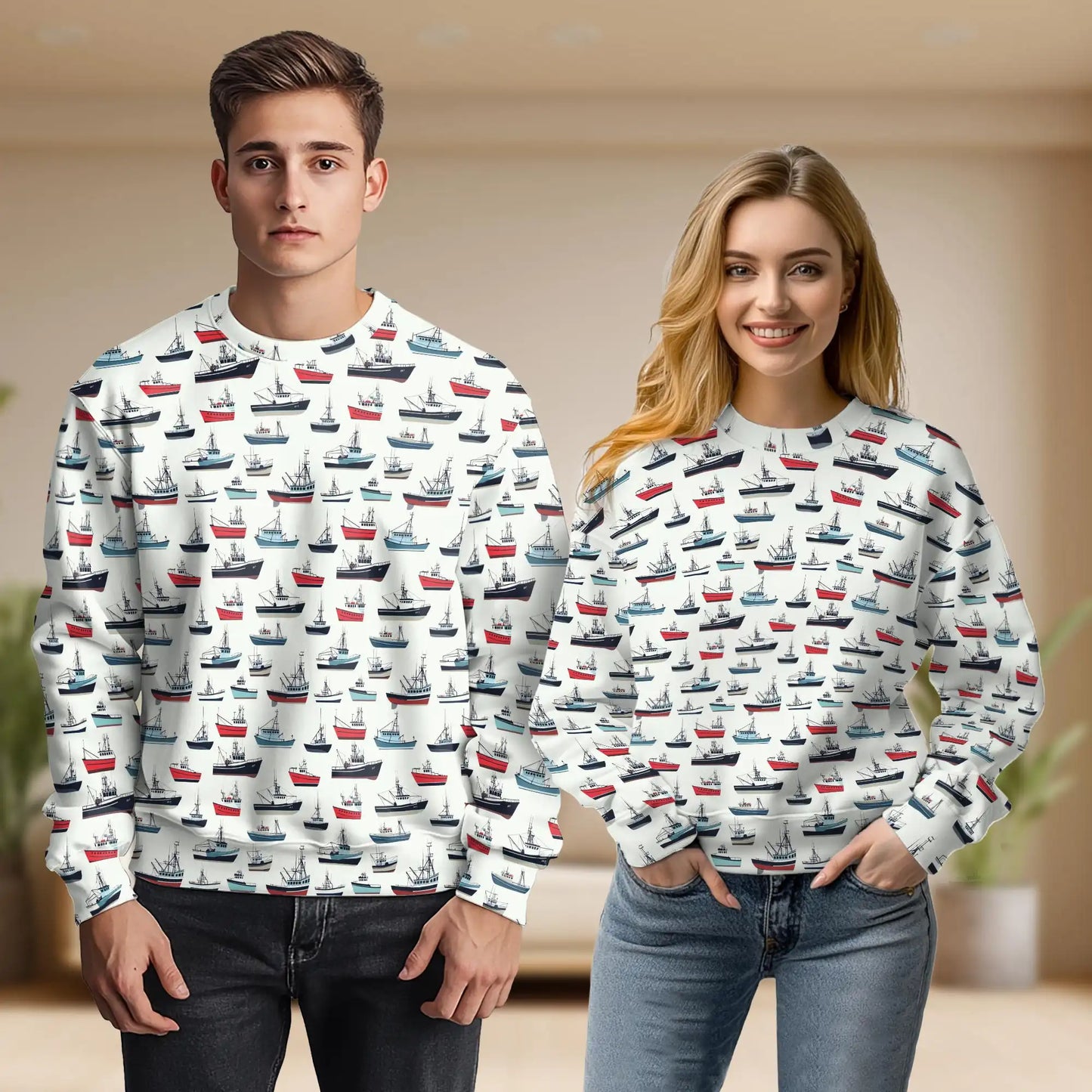 Fishing Boat Pattern Sweatshirt, 3D All Over Print Nautical Ocean Crewneck Pullover for Men Women, Fishing Lover Gift - Netecom