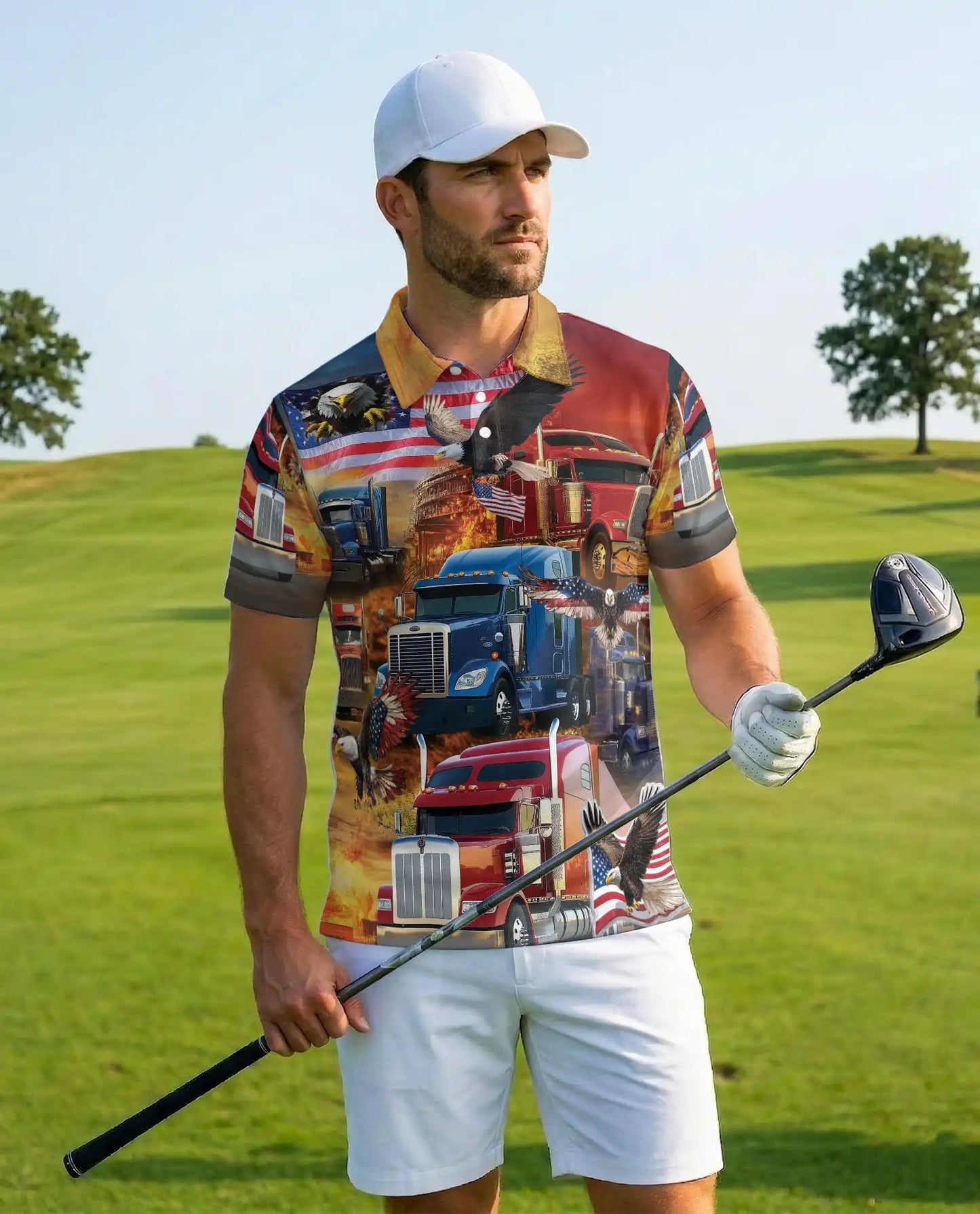 Patriotic Trucker Polo Shirt - American Flag Eagle Semi Truck Design | Netecom