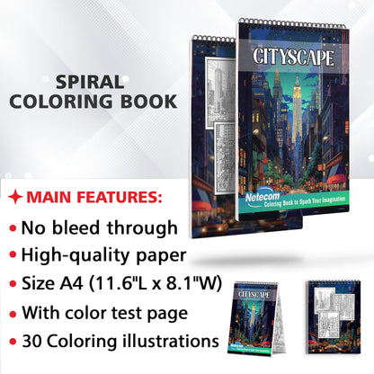 Cityscape Spiral Bound Coloring Book, Colors of the Metropolis with 30 Vibrant Coloring Pages Depicting the Spirit of Urban Environments