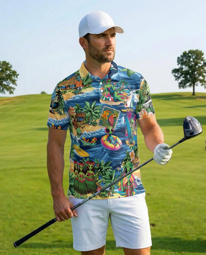 Alien Beach Hawaiian Polo Shirt - Funny UFO Tropical Surfing Design | Netecom