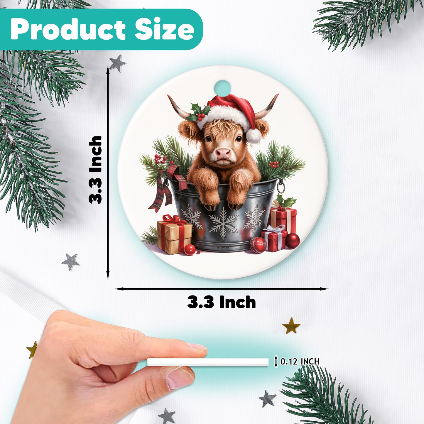 Netecom Funny Highland Cow in Bucket Ornament, Highland Cow Christmas Ceramic Ornament for Xmas Tree Hanging Decorations Gift, Farmhouse Decor, Gifts for Famer, Holiday Party Present