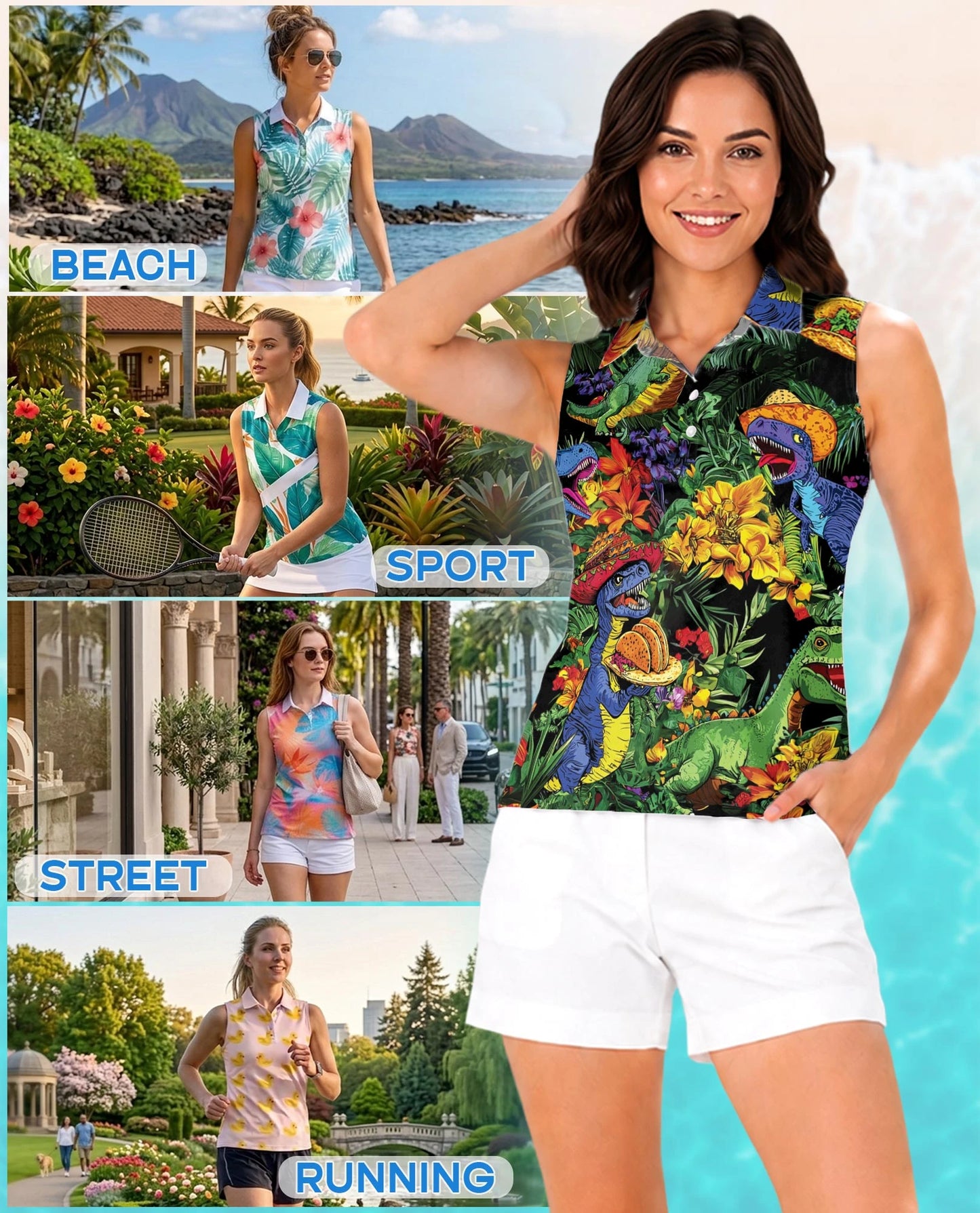 Taco T-Rex Sleeveless Polo Shirt for Women | Netecom