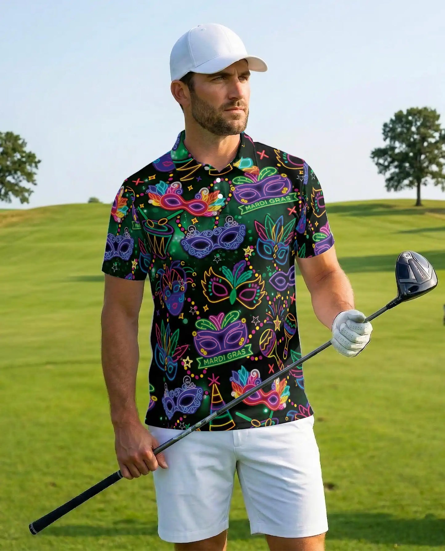Neon Mardi Gras Carnival Polo Shirt-Masquerade Festival Design | Netecom