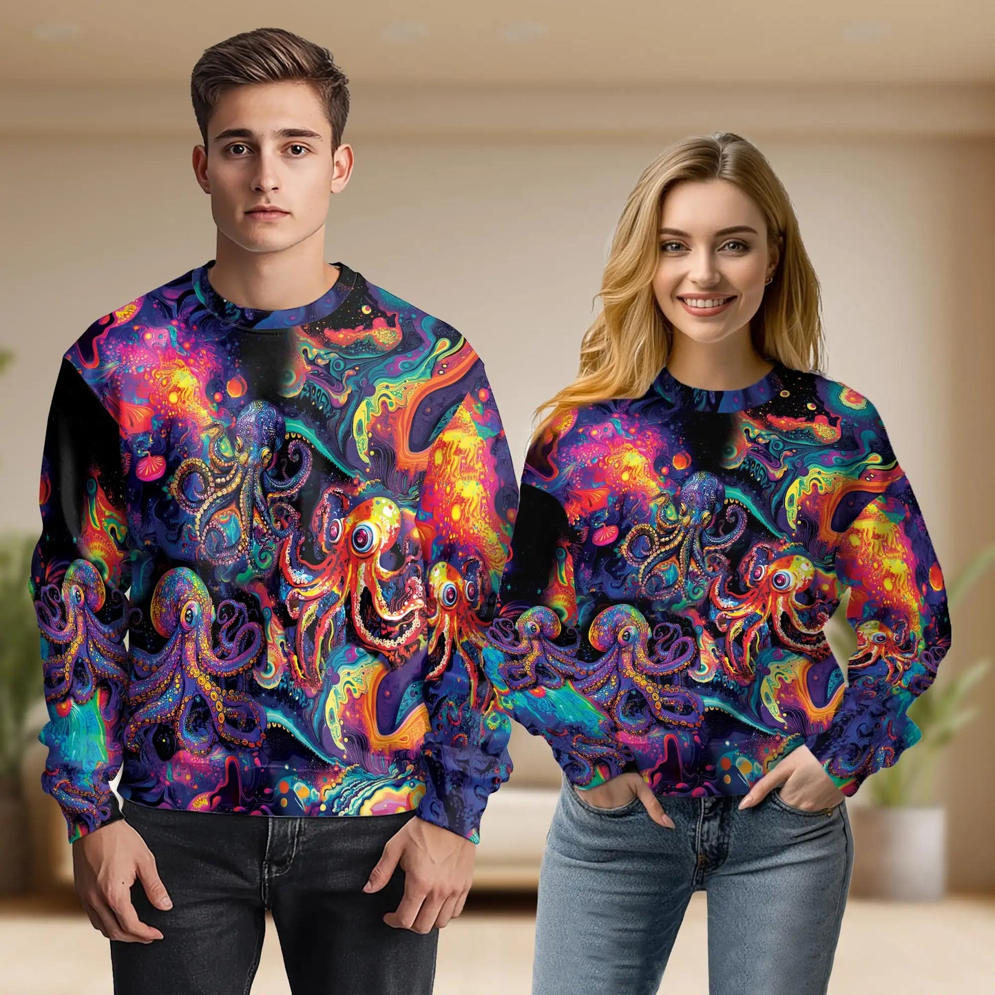 Octopus Hippie Sweatshirt, 3D All Over Print Psychedelic Sea Creature Crewneck Pullover for Men Women, Ocean Lover Gift - Netecom