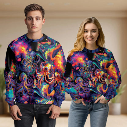 Octopus Hippie Sweatshirt, 3D All Over Print Psychedelic Sea Creature Crewneck Pullover for Men Women, Ocean Lover Gift - Netecom