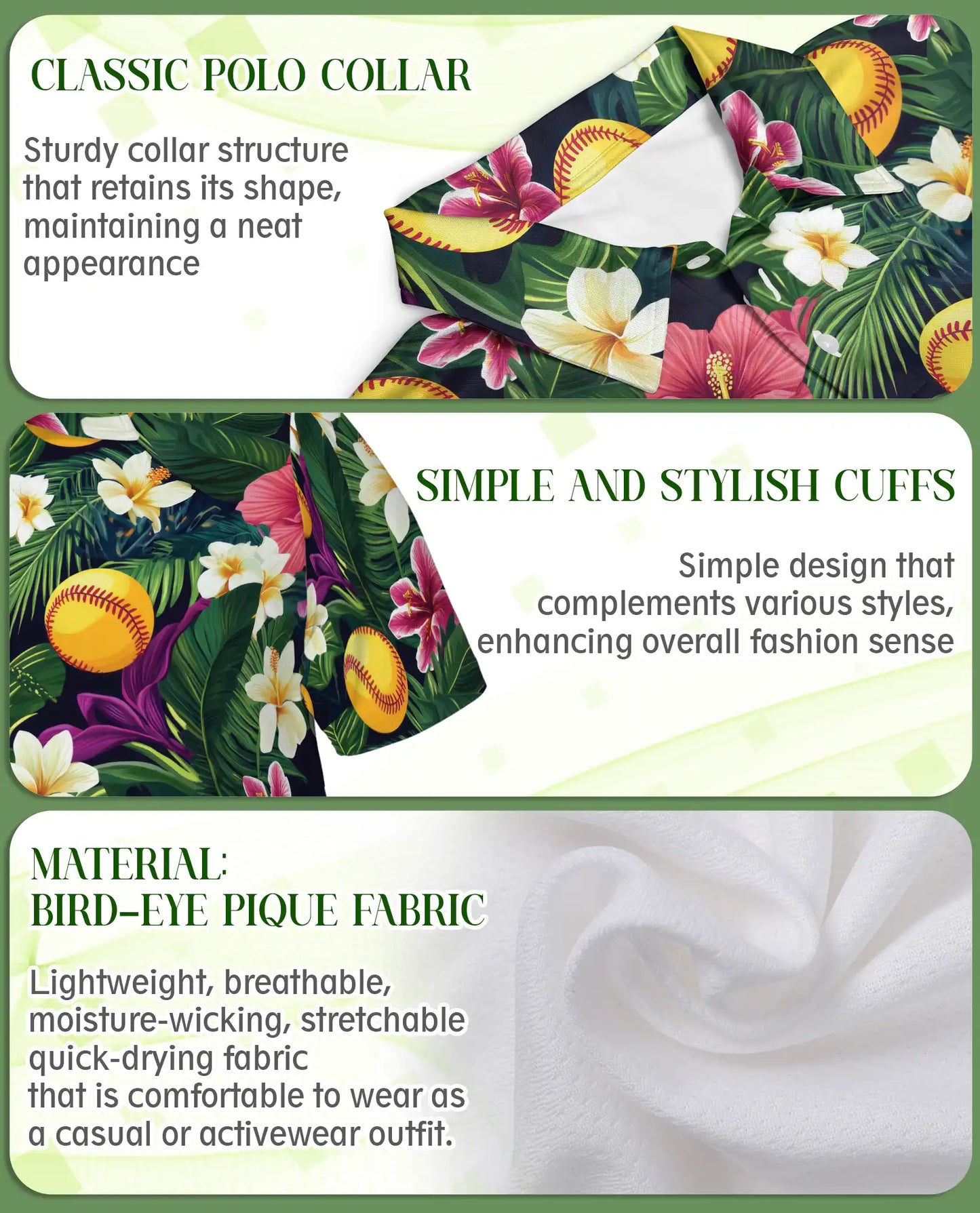 Softball Tropical Polo Shirt for Men- Floral Softball Pattern | Netecom