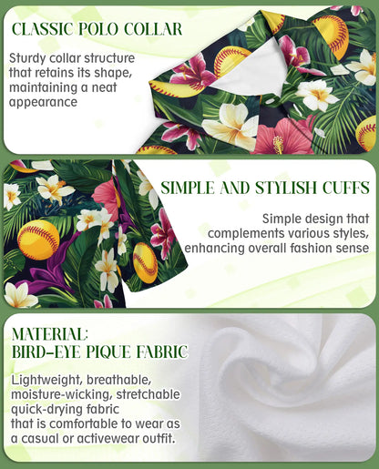 Softball Tropical Polo Shirt for Men- Floral Softball Pattern | Netecom