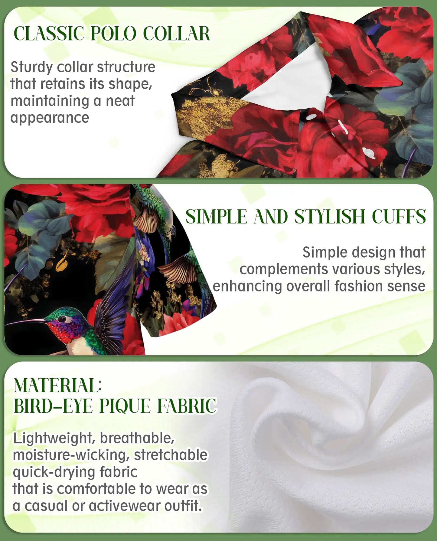 Hummingbird Floral Polo Shirt – Elegant Rose Print | Netecom