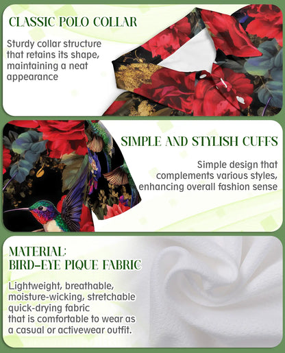 Hummingbird Floral Polo Shirt – Elegant Rose Print | Netecom