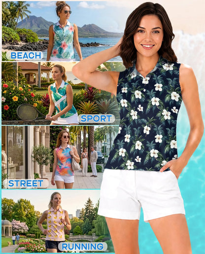 Tropical Hibiscus Pattern Sleeveless Polo Shirt for Women | Netecom