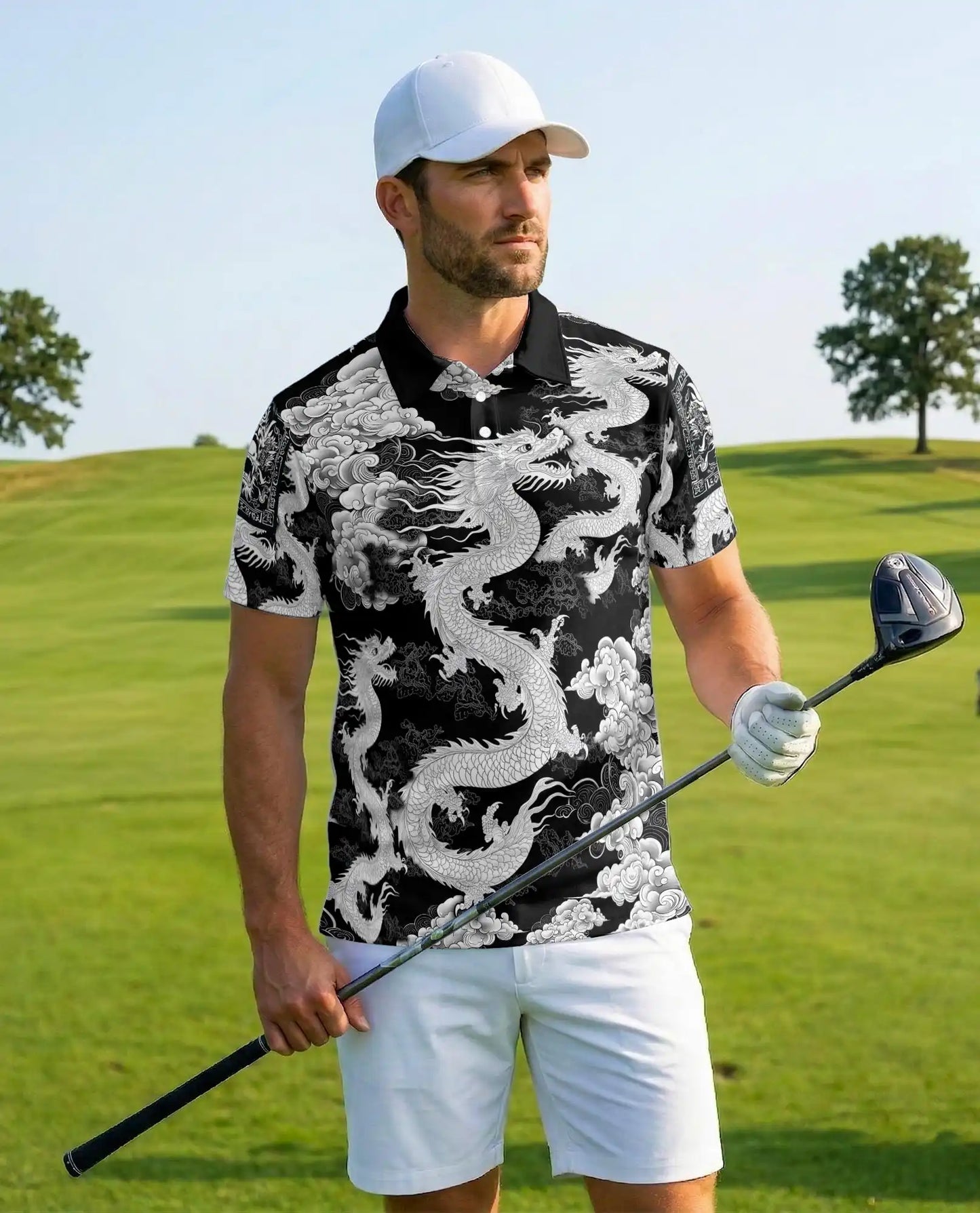 White Asian Dragon Polo Shirt for Men - Black Oriental Dragon Art | Netecom
