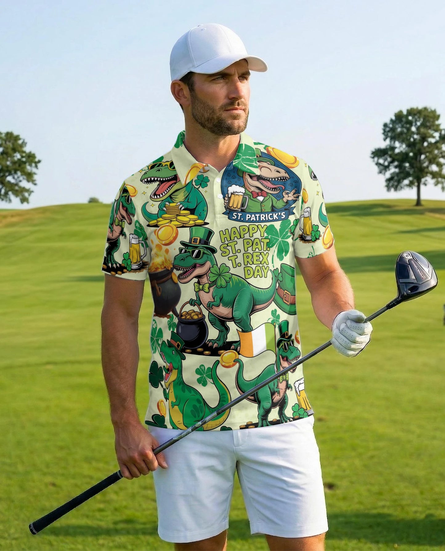 St. Patrick's Day Dinosaur Polo Shirt for Men – Funny Irish Holiday Style | Netecom