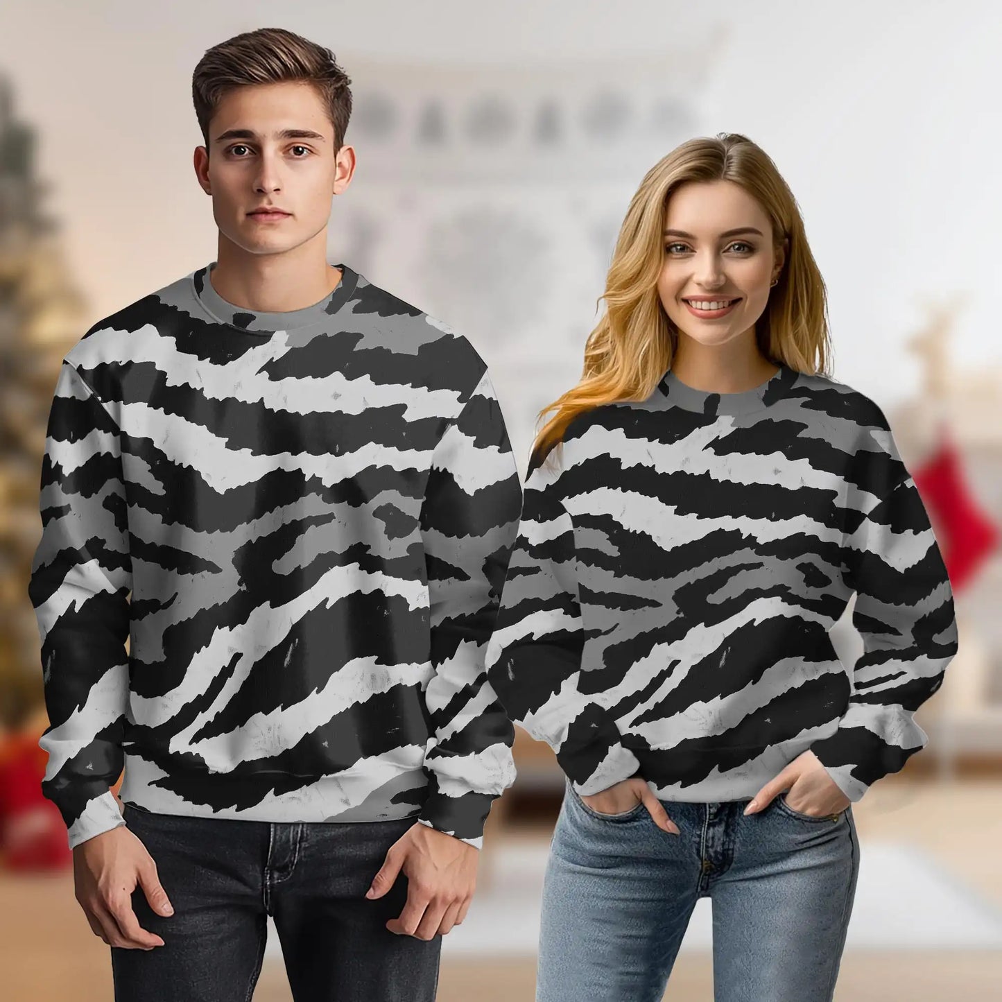 Grey Tiger Stripe Camouflage Sweatshirt, 3D All Over Print Military Camo Crewneck Pullover for Men Women, Hunting and Outdoor Gift - Netecom