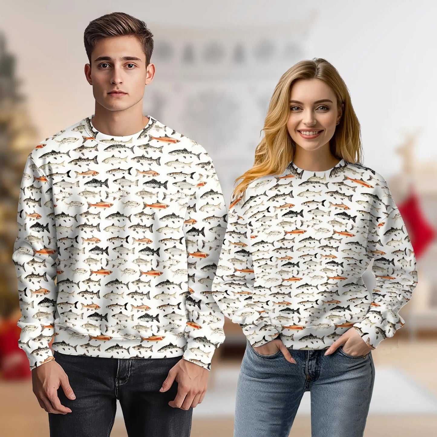 Freshwater Fish Pattern Sweatshirt, 3D All Over Print River Fishing Crewneck Pullover for Men Women, Fishing Lover Gift - Netecom
