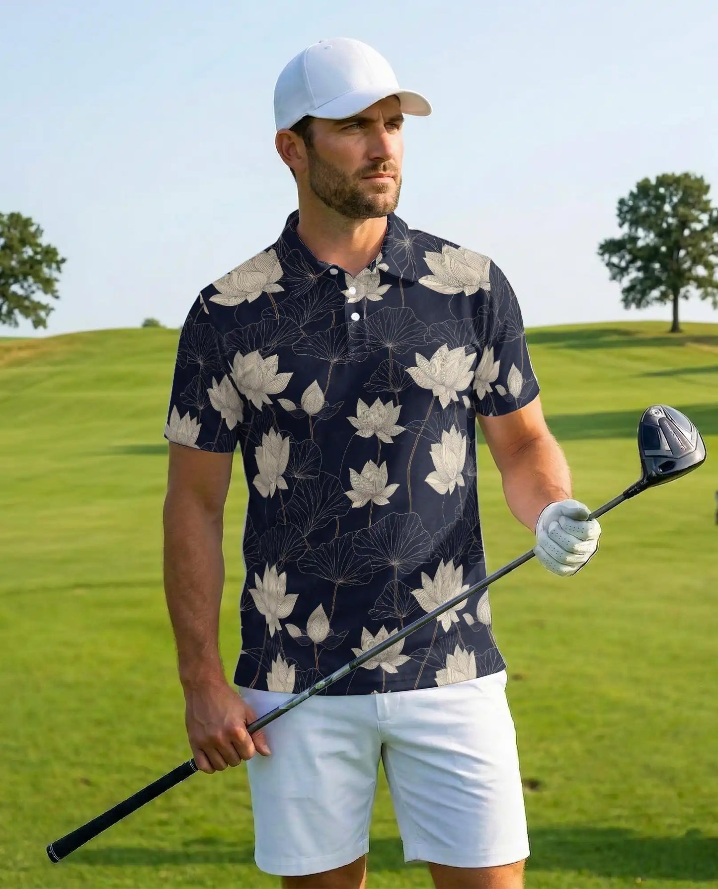 Lotus Flower Polo Shirt for Men – Elegant Botanical Style | Netecom
