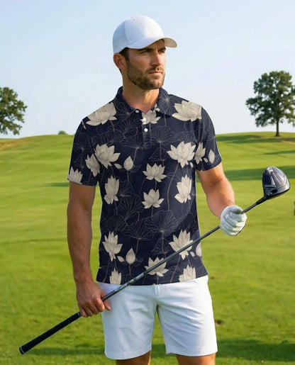 Lotus Flower Polo Shirt for Men – Elegant Botanical Style | Netecom
