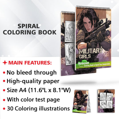 Military Girls Spiral Bound Coloring Book, Dive into the Action with 30 Vibrant Coloring Pages, Depicting Anime Military Girls in Epic Combat Scenes