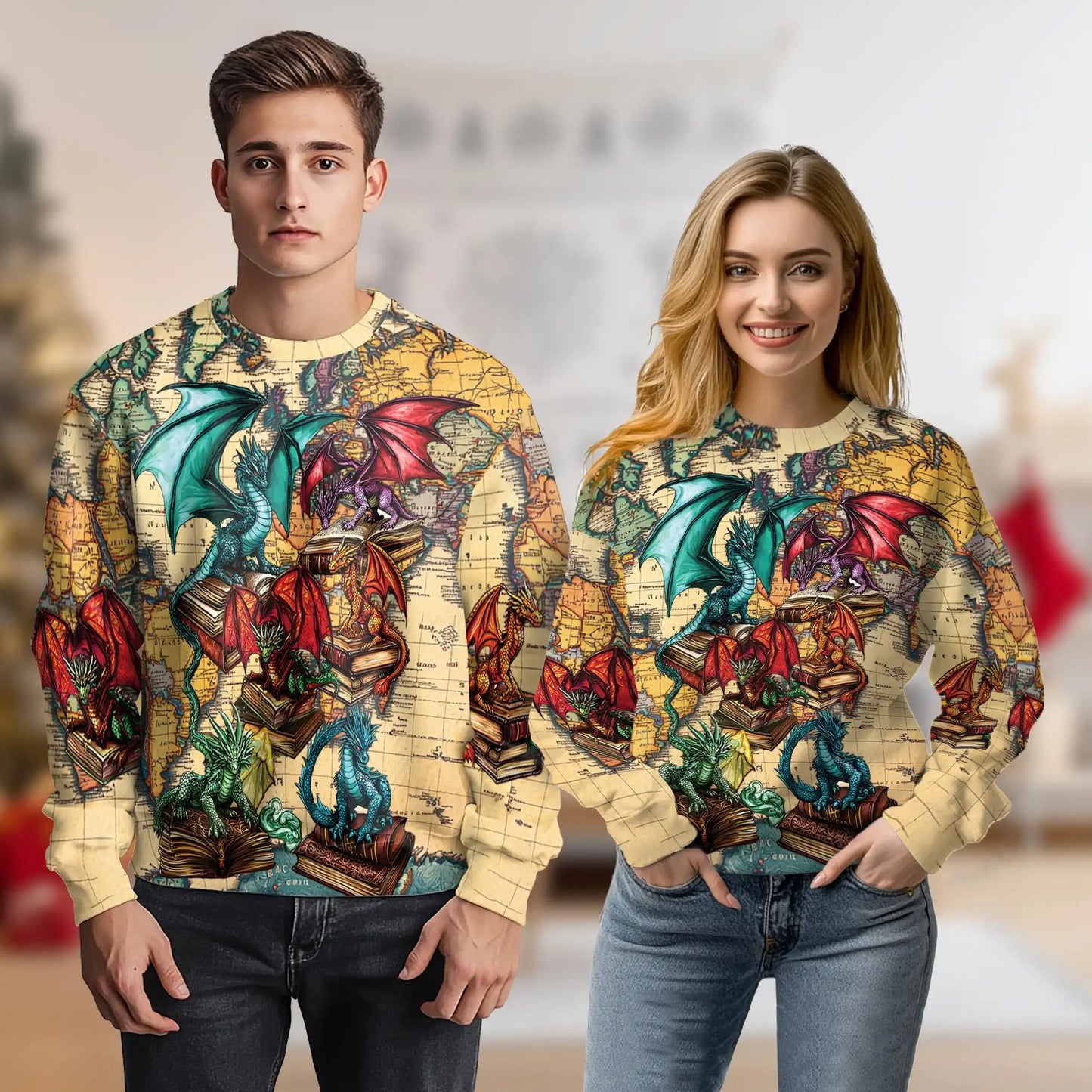 Book Dragon Sweatshirt, 3D All Over Print Fantasy Reading Crewneck Pullover for Men Women, Book Lover Dragon Gift - Netecom