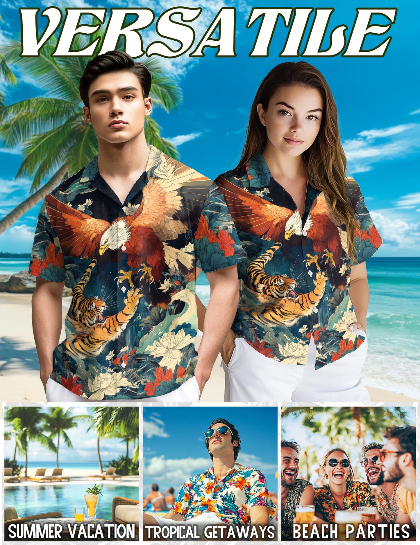 Netecom Eagle and Tiger Battle Hawaiian Shirt for Men Women, Wild Animal Button Down Summer Beach Short Sleeve Shirts