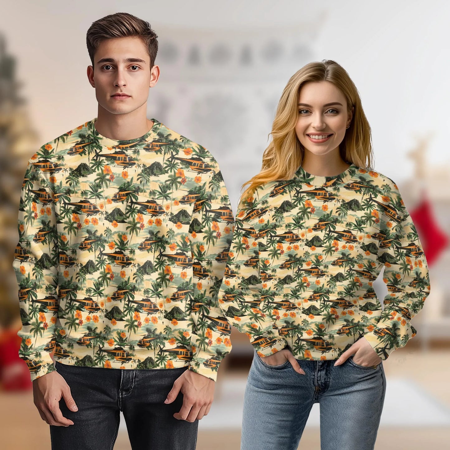 Helicopter Tropical Print Sweatshirt, 3D All Over Print Aviation Island Crewneck Pullover for Men Women, Helicopter Lover Gift - Netecom
