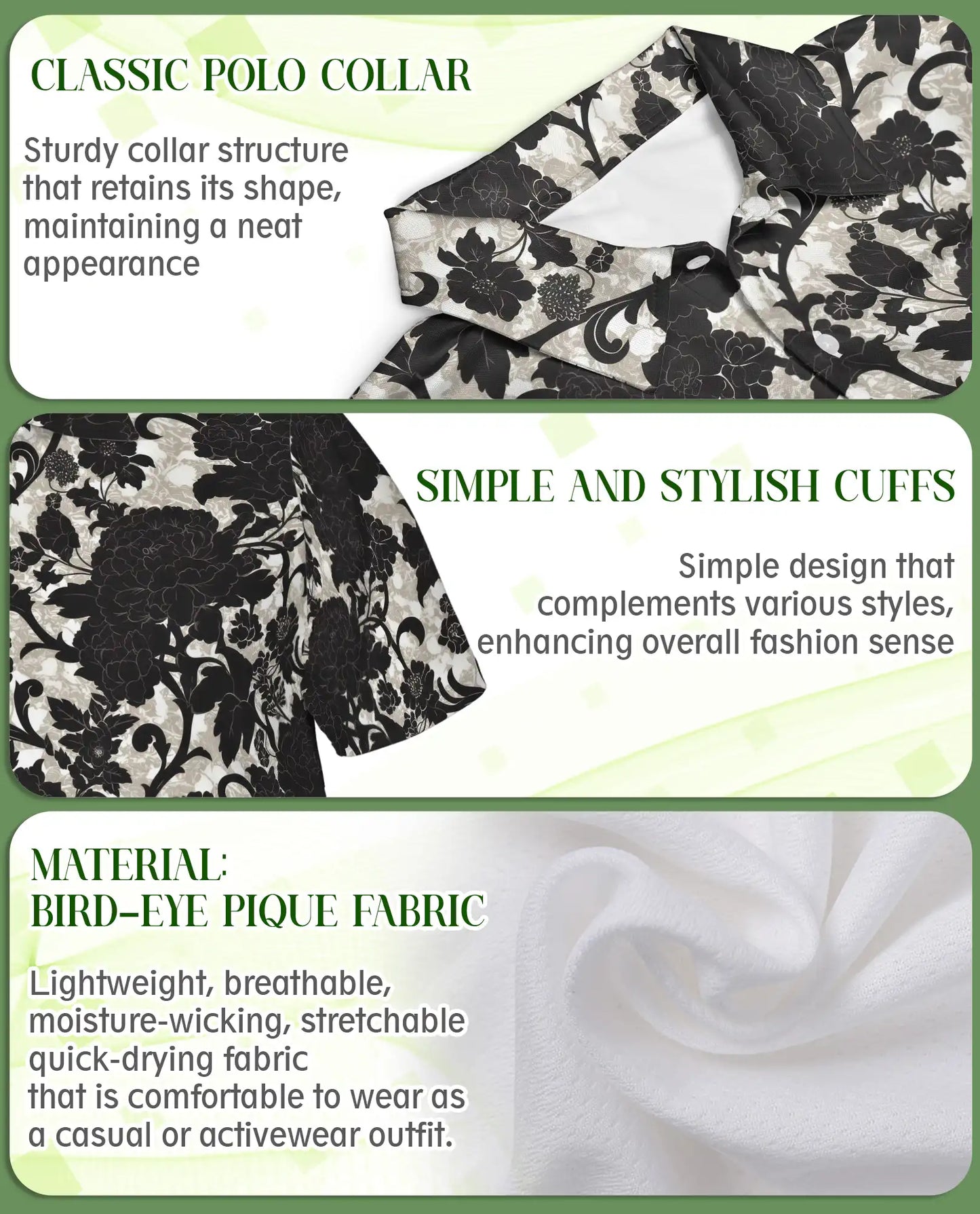 Black White Floral Damask Polo Shirt for Men- Vintage Flower Pattern | Netecom