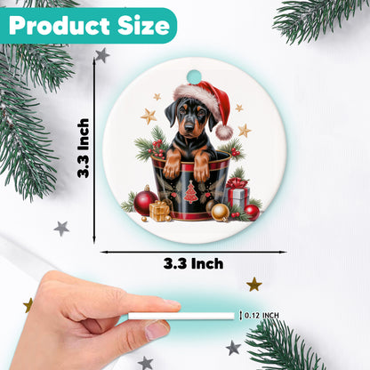 Netecom Funny Doberman in Bucket Ornament, Dog with Santa Hat Ceramic Ornament for Christmas Tree Hanging Decorations Gift, Dobie Dog Lover Gifts, Home Decor, Holiday Party Present