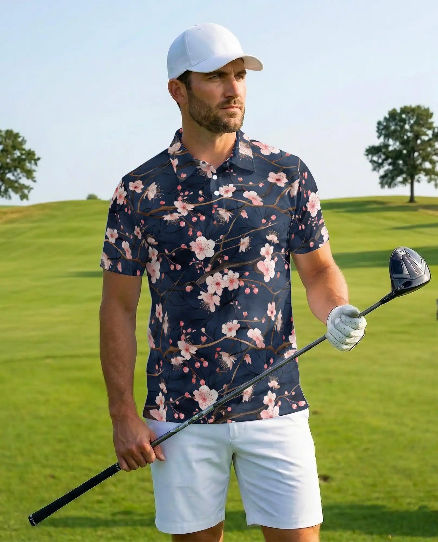 Cherry Blossom Branch Polo Shirt for Men – Spring Floral Style | Netecom
