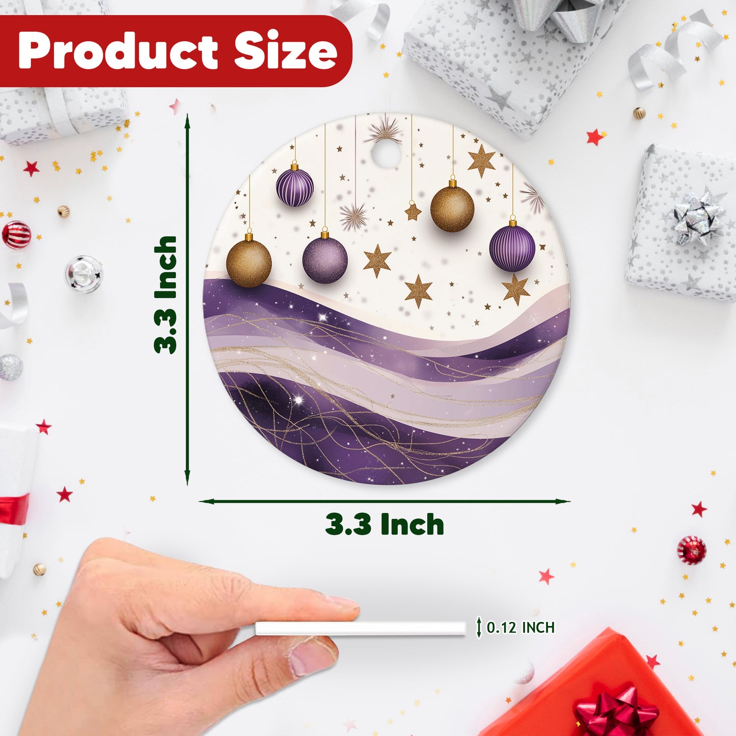 Netecom Elegant Purple and Gold Abstract Baubles Christmas Ornaments, Ceramic Hanging Balls with Glitter Star Keepsake Ornament for Xmas Tree Decorations, Gifts for Holiday, Party, Home Decor
