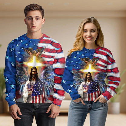 America and Jesus Bless Sweatshirt, 3D All Over Print Patriotic Faith Crewneck Pullover for Men Women, Christian American Gift - Netecom