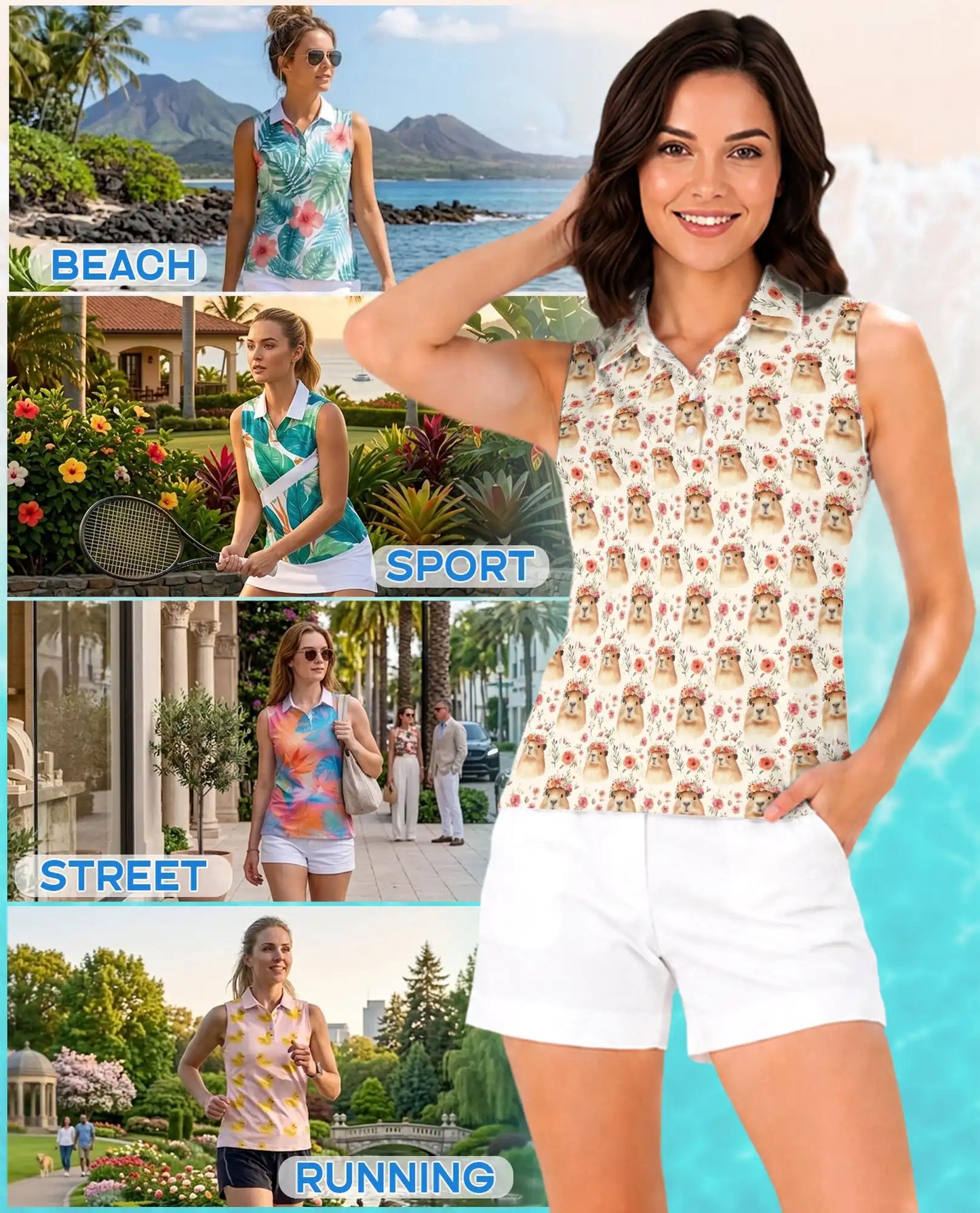 Floral Capybara Pattern Sleeveless Polo Shirt for Women | Netecom