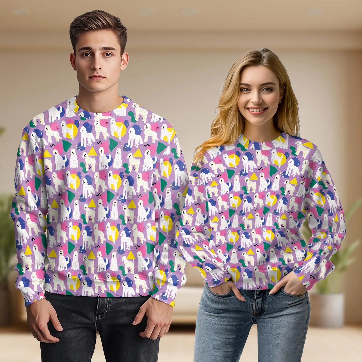 White Long Haired Dog Pattern Sweatshirt, 3D All Over Print Cute Dog Crewneck Pullover for Men Women, Dog Lover Gift - Netecom