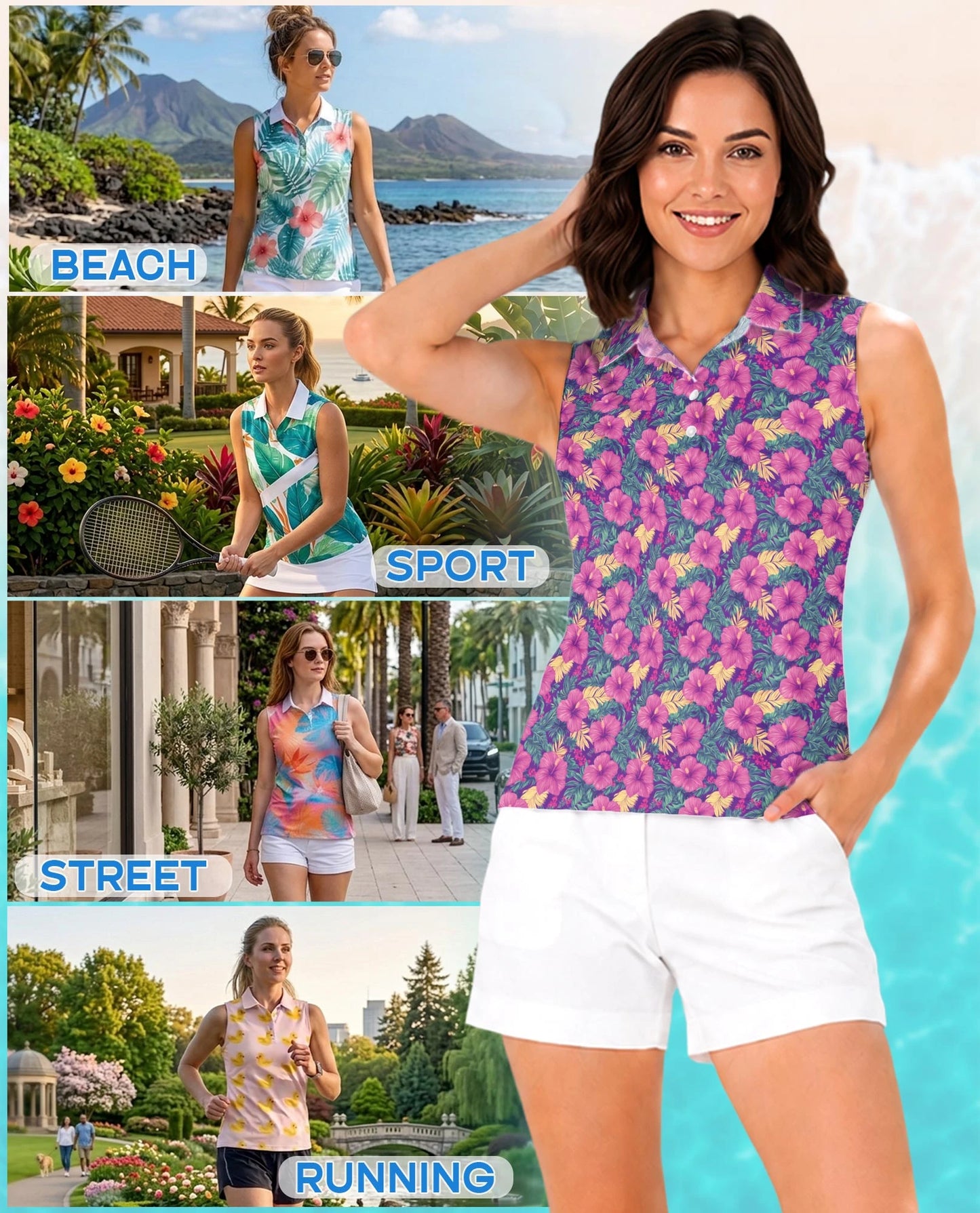 Tropical Hibiscus Purple Sleeveless Polo Shirt for Women | Netecom
