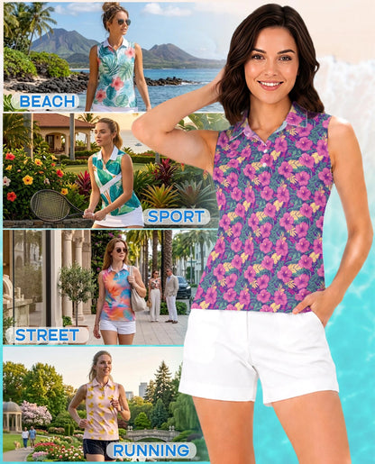 Tropical Hibiscus Purple Sleeveless Polo Shirt for Women | Netecom