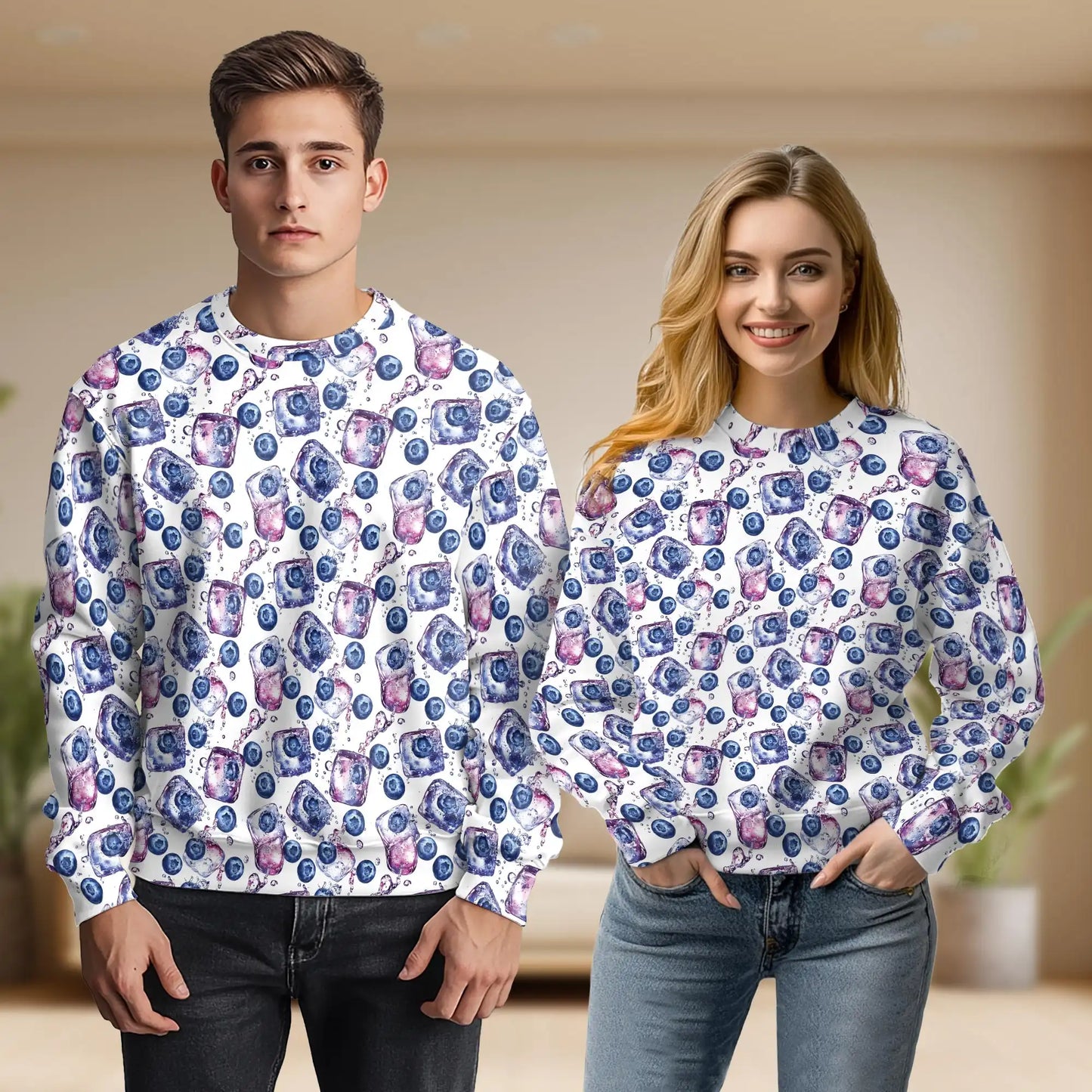 Blueberry Ice Cubes Sweatshirt, 3D All Over Print Refreshing Fruit Crewneck Pullover for Men Women, Blueberry Lover Gift - Netecom