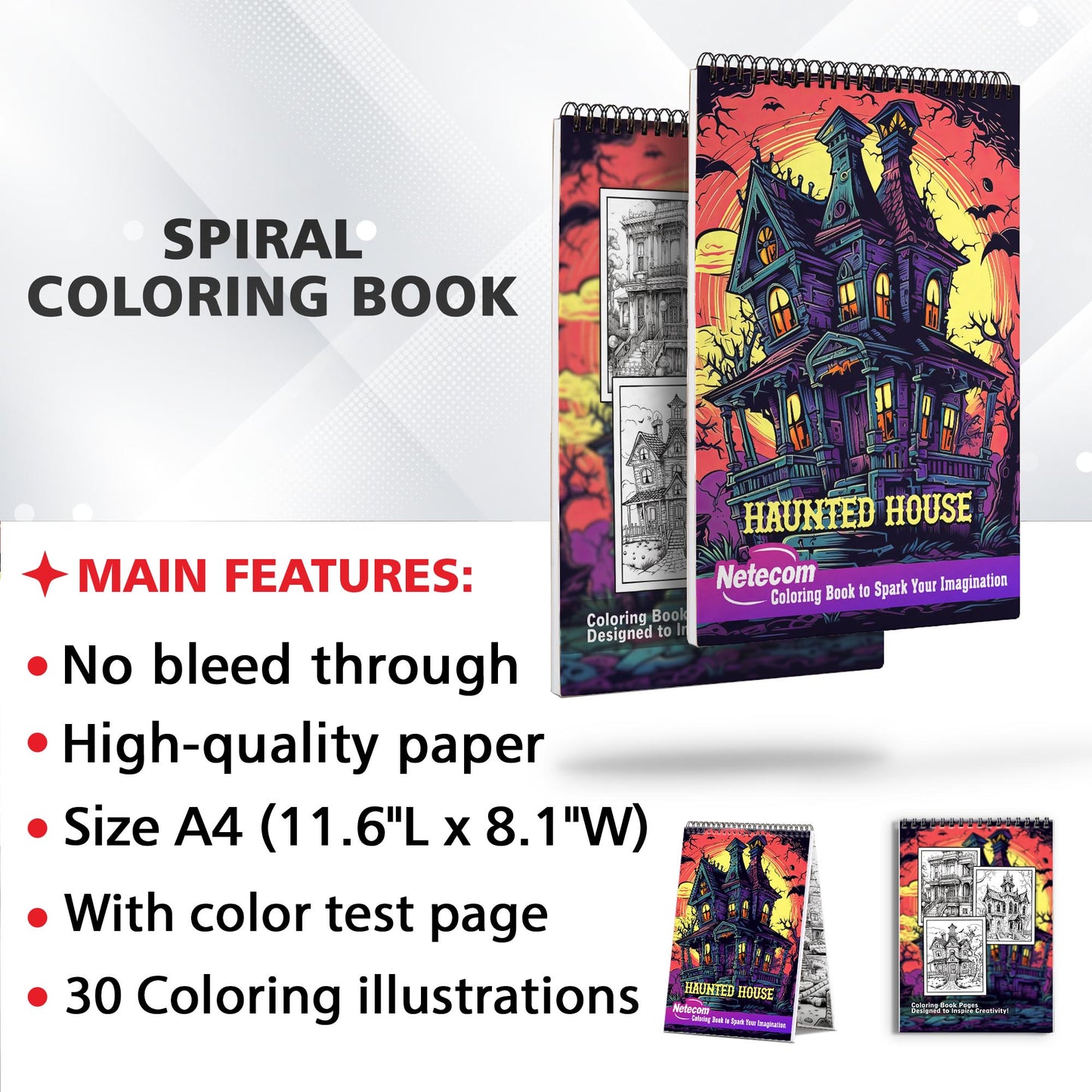 Haunted House Spiral Bound Coloring Book, Delight in 30 Breathtaking Coloring Pages, Showcasing Haunted Houses with their Creepy Architecture and Haunting Surroundings