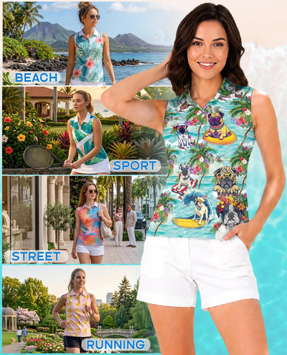 Pug Beach Tropical Sleeveless Polo Shirt for Women – Cute Dog Summer Style | Netecom
