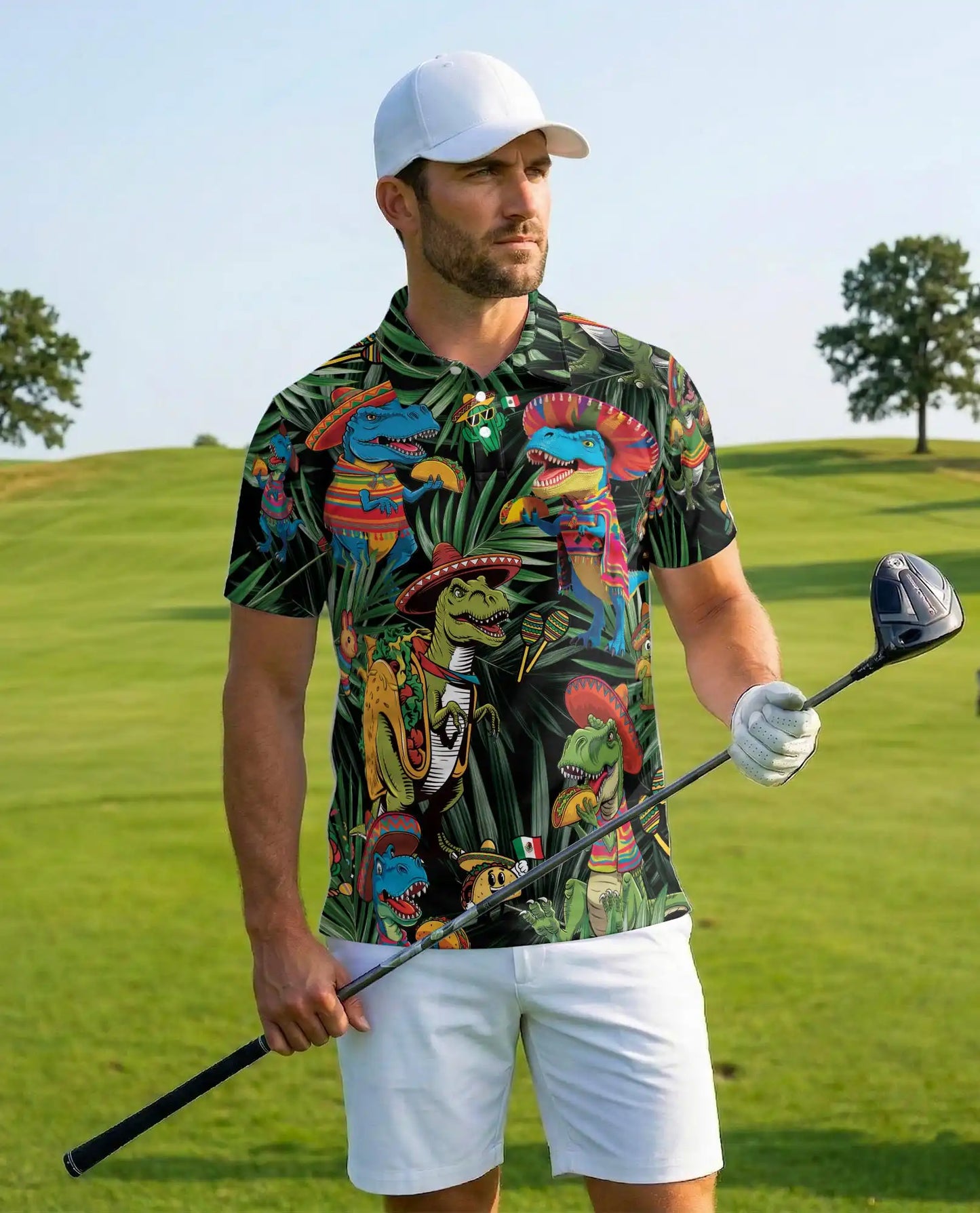Fiesta Dinosaur Taco Hawaiian Polo Shirt-Funny Mexican Party Design | Netecom