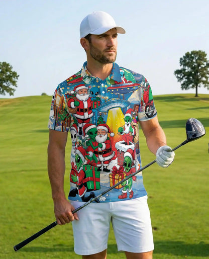 Funny Alien Santa 3D Polo Shirt for Men – Christmas UFO Galaxy Style | Netecom