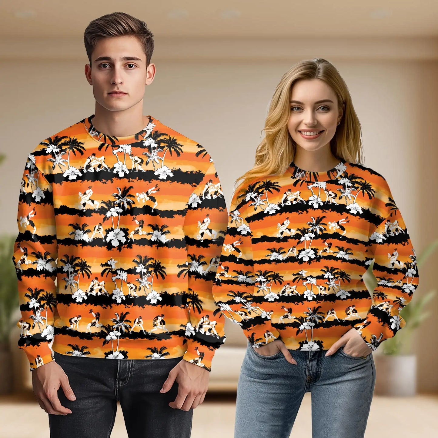 Wrestling Hibiscus Sweatshirt, 3D All Over Print Orange Floral Wrestling Crewneck Pullover for Men Women, Wrestler Gift - Netecom