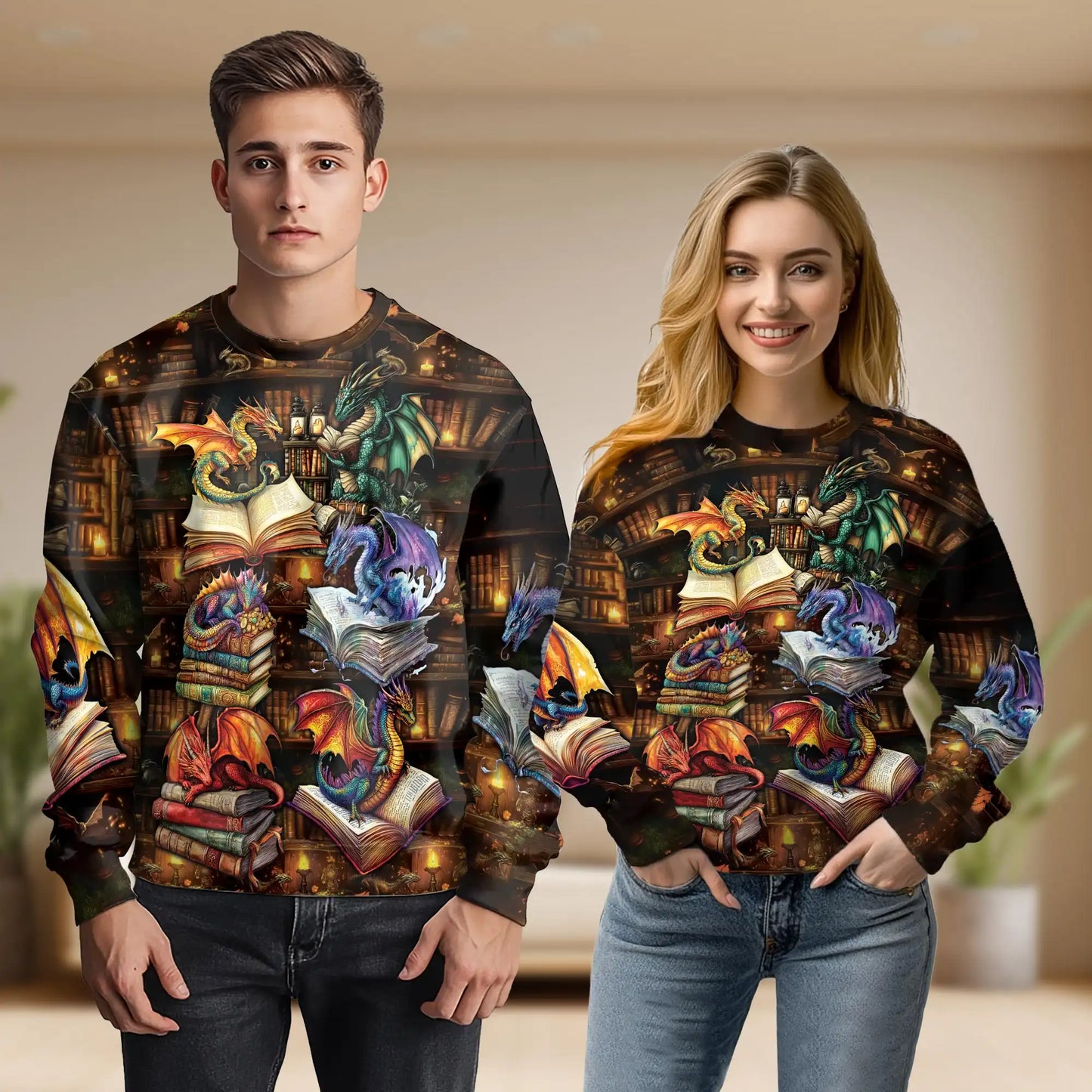 Dragon Book Sweatshirt, 3D All Over Print Fantasy Literature Crewneck Pullover for Men Women, Dragon Lover Gift - Netecom