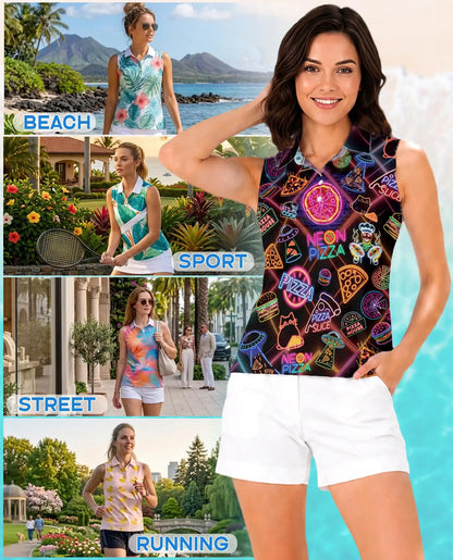 Retro Neon Pizza Sign Pattern Sleeveless Polo Shirt for Women | Netecom