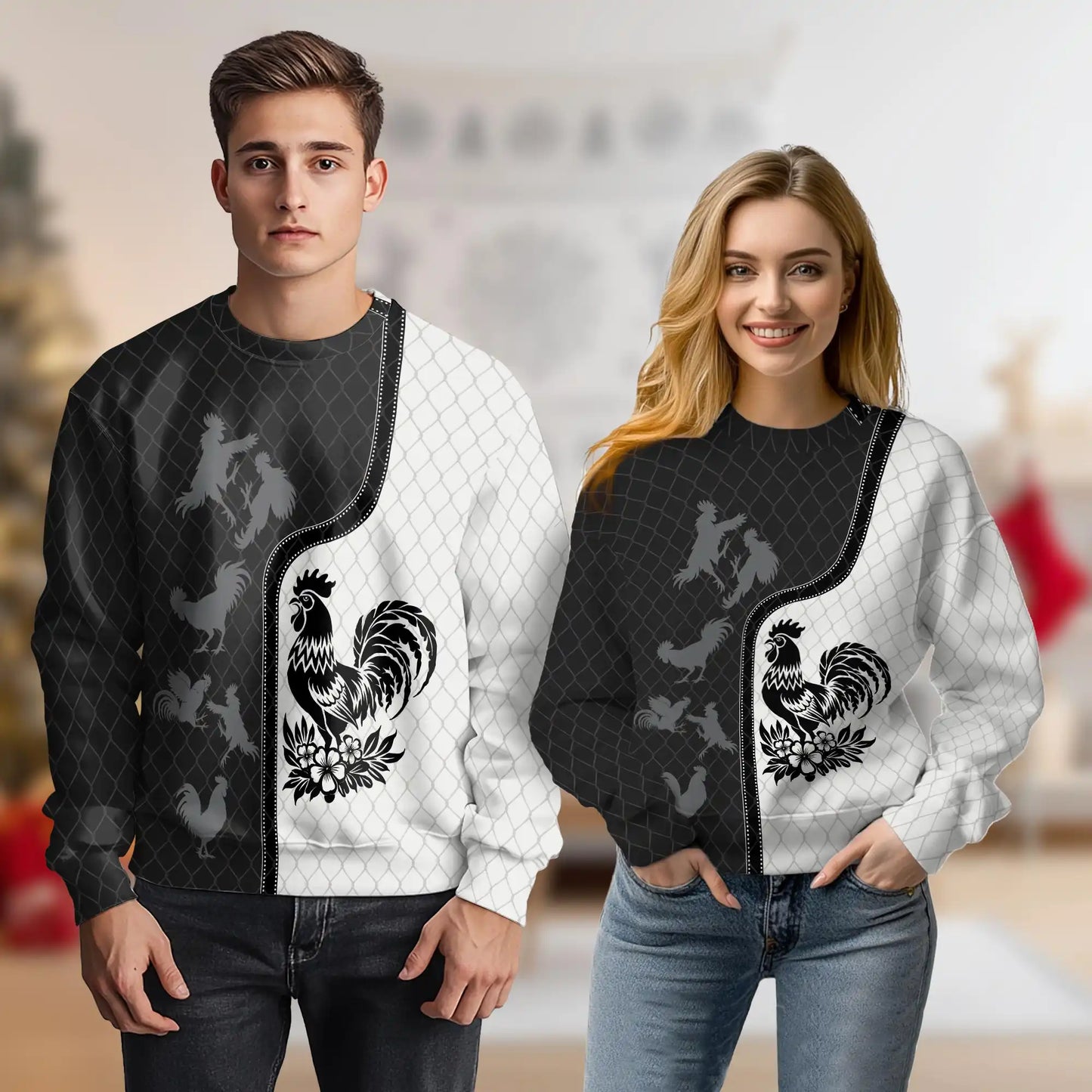 Monochrome Rooster Pattern Sweatshirt, 3D All Over Print Farm Bird Crewneck Pullover for Men Women, Rooster Lover Gift - Netecom