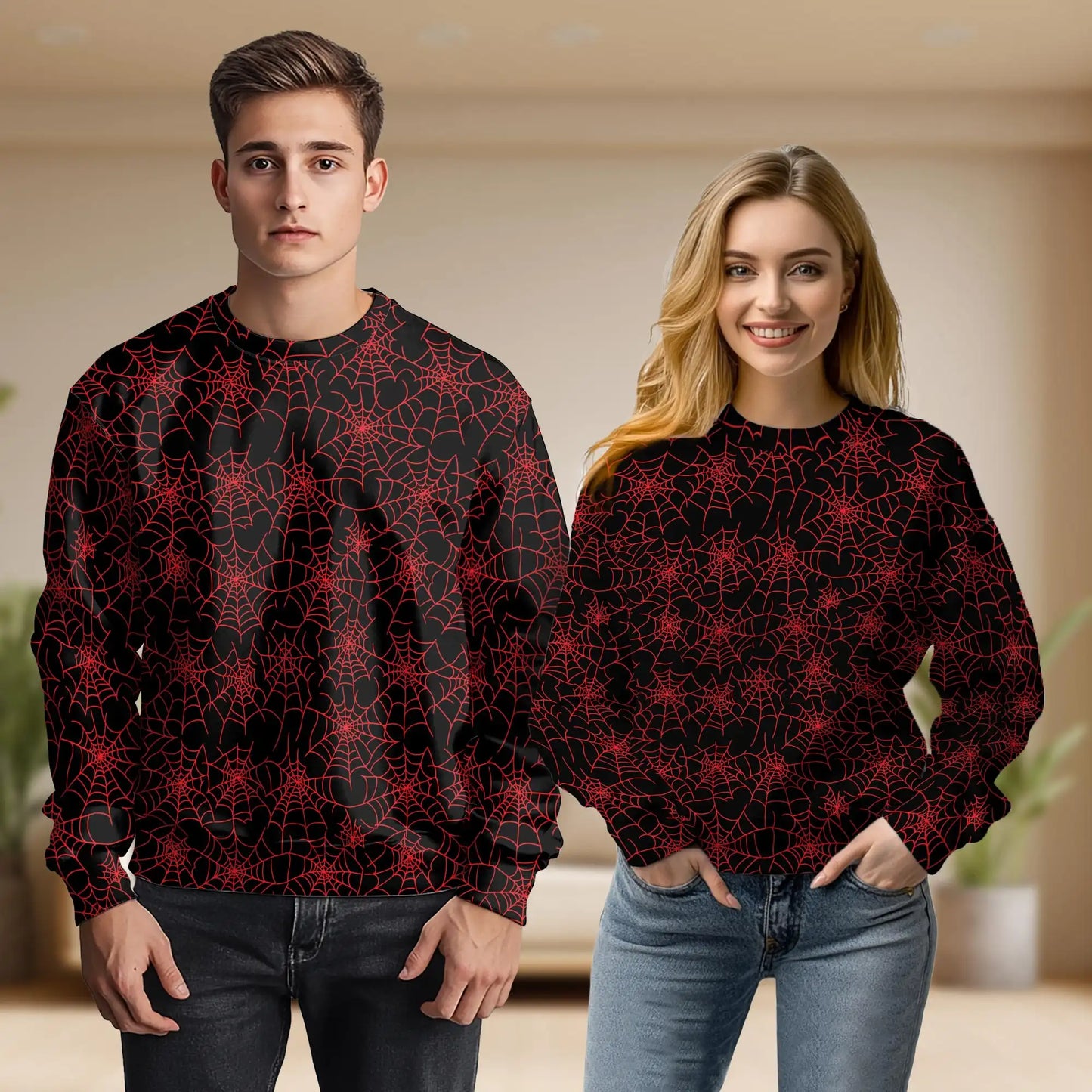 Spider Web Sweatshirt, 3D All Over Print Red Spider Halloween Crewneck Pullover for Men Women, Spooky Halloween Gift - Netecom