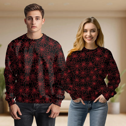Spider Web Sweatshirt, 3D All Over Print Red Spider Halloween Crewneck Pullover for Men Women, Spooky Halloween Gift - Netecom