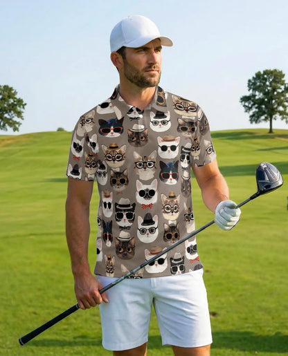 Funny Hipster Cat Polo Shirt For Men- Print Cool Cats With Glasses | Netecom