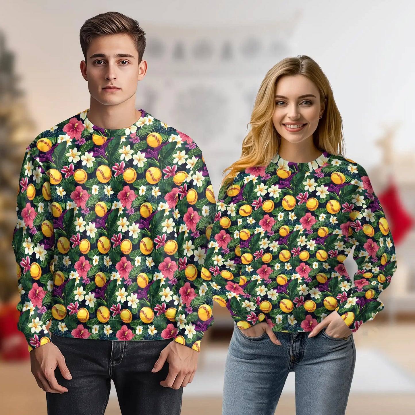 Softball Tropical Leaves and Flowers Sweatshirt, 3D All Over Print Floral Sports Crewneck Pullover for Men Women, Softball Lover Gift - Netecom