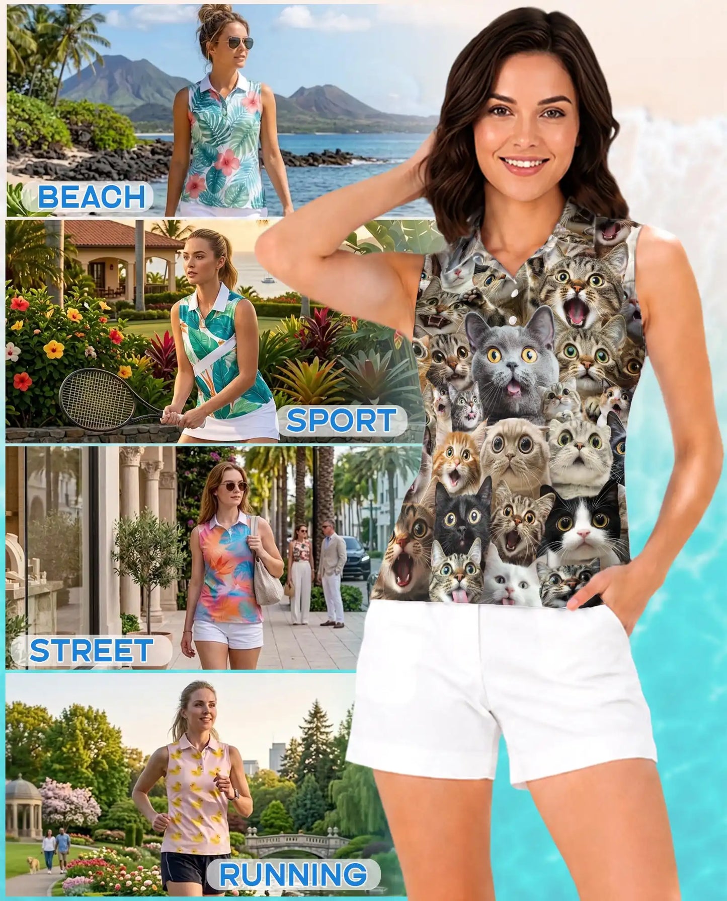 Cat Collage Sleeveless Polo Shirt for Women – Cute Feline Lover Style | Netecom