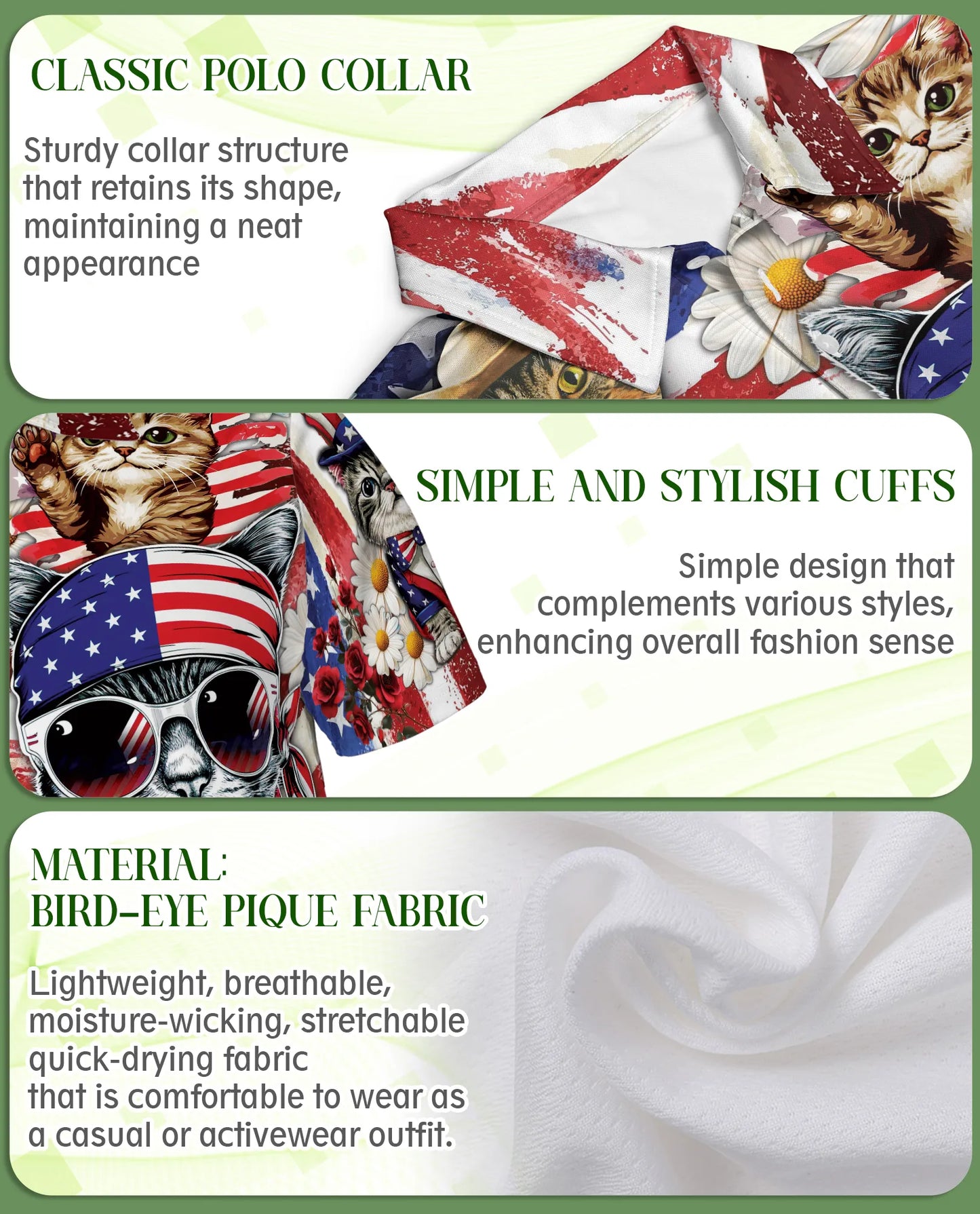 Patriotic Cat 3D Polo Shirt for Men – 4th of July USA Flag Style | Netecom